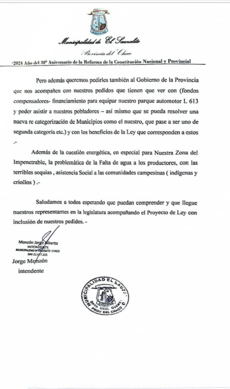 *“Pedimos a nuestros diputados que acompañen el pedido del Gobernador en la toma de crédito”, destacó el intendente de El Sauzalito, Jorge Monzón*